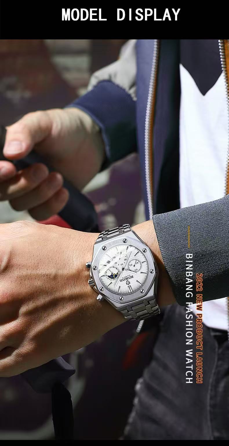 Best-Selling Binbang High-End Three-Eye Six-Hand Multifunctional Moon Phase Steel Strap Multifunctional Men's Watch