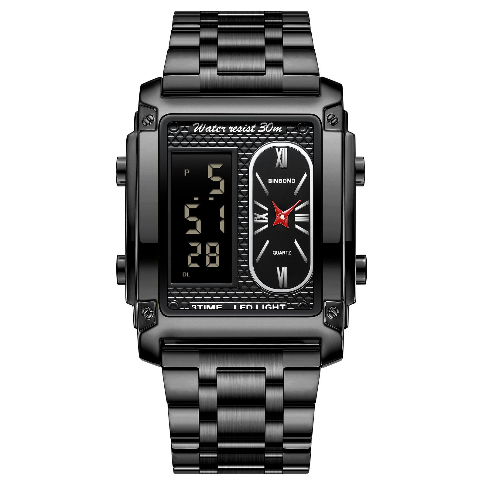 2 Pcs Binbond B2311 Fashion Men's Creative Steel Strap Electronic Watch, Dual Movements, Multi - Function, Waterproof, New Style Watch For Male Students, First - Class Quality, First - Class Service