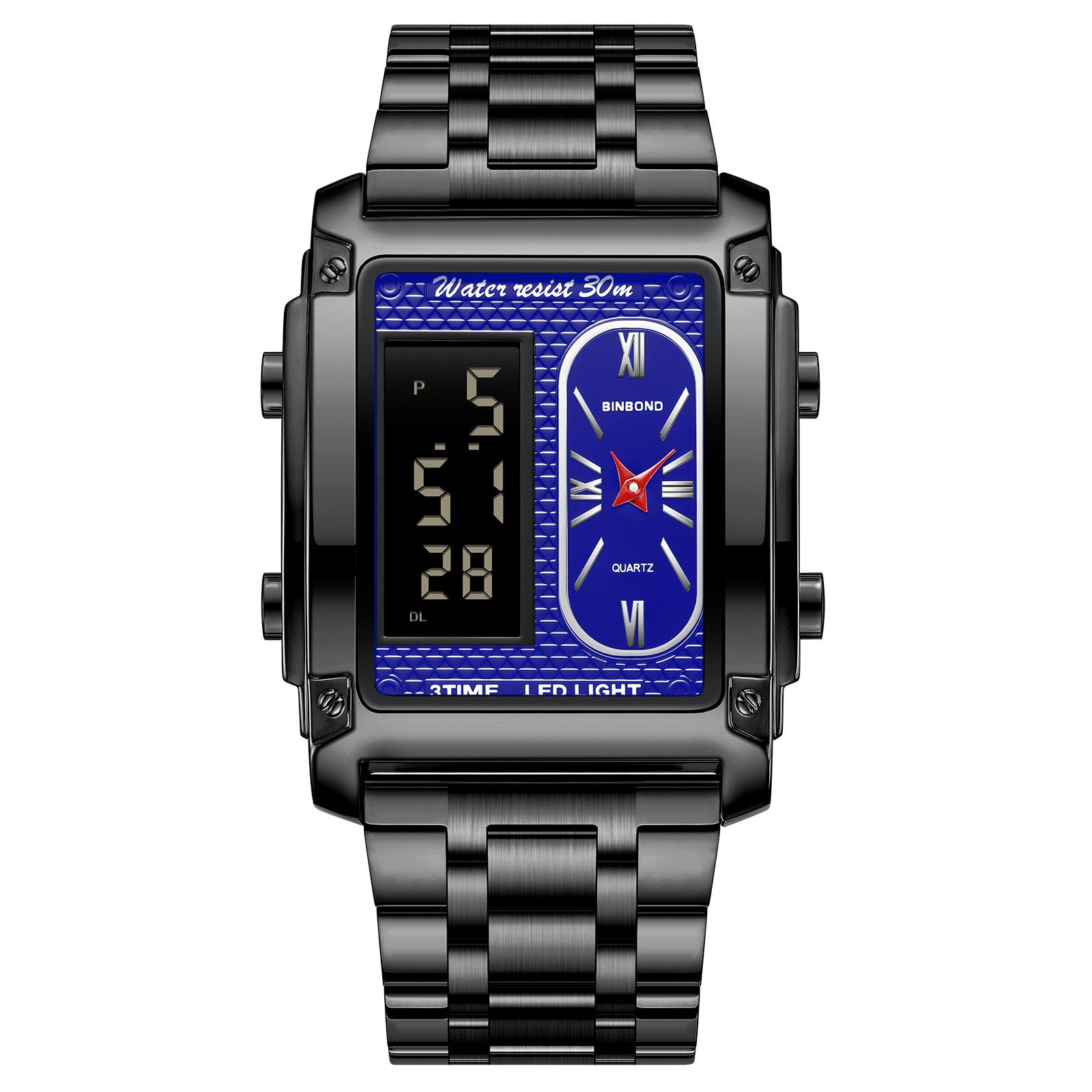 2 Pcs Binbond B2311 Fashion Men's Creative Steel Strap Electronic Watch, Dual Movements, Multi - Function, Waterproof, New Style Watch For Male Students, First - Class Quality, First - Class Service