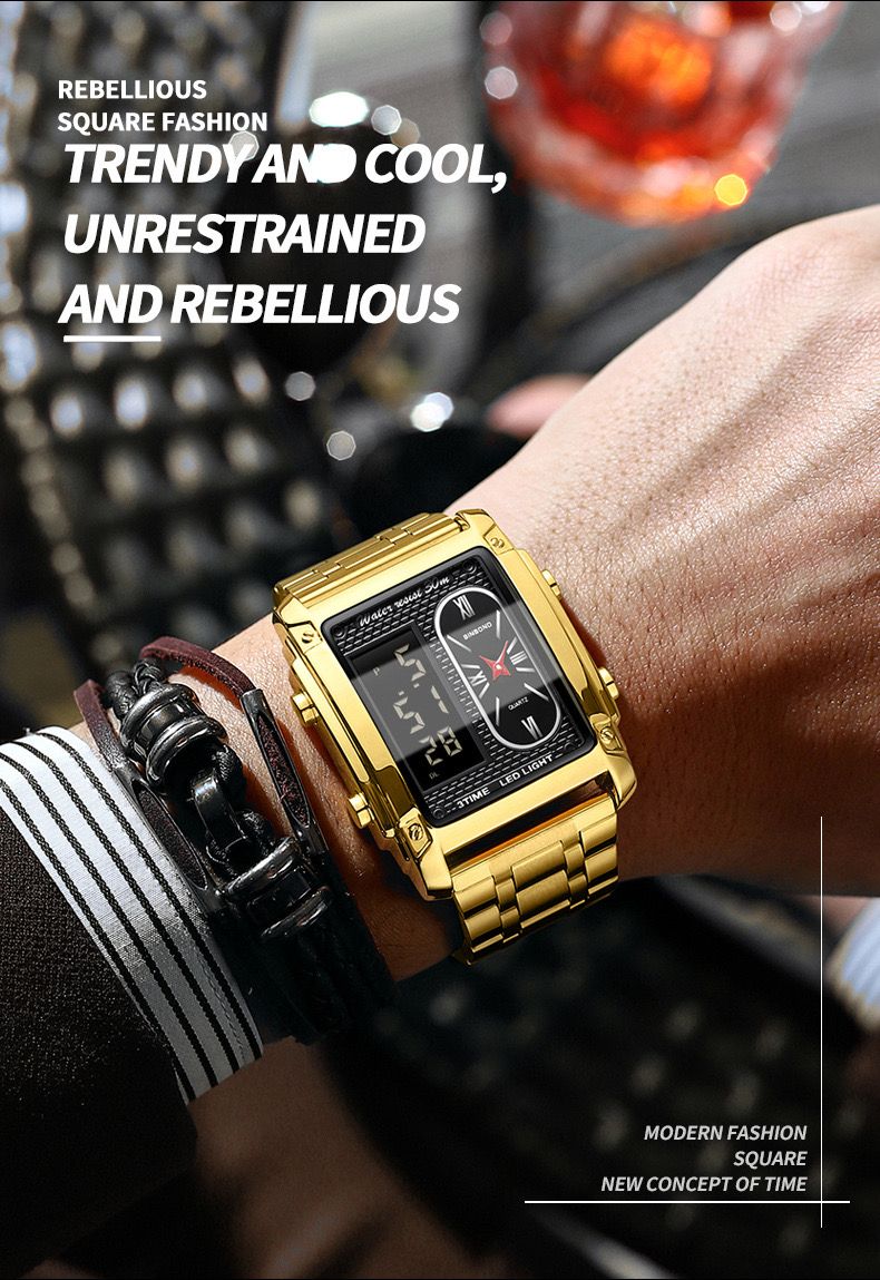 2 Pcs Binbond B2311 Fashion Men's Creative Steel Strap Electronic Watch, Dual Movements, Multi - Function, Waterproof, New Style Watch For Male Students, First - Class Quality, First - Class Service