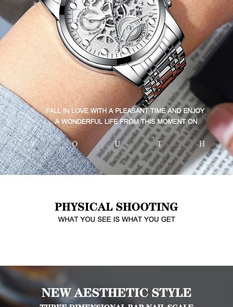 Fenzun 4088 Men's Automatic Hollow Trendy Quartz Watch, Student - Waterproof, Luminous, Fashionable Men's Wristwatch  。