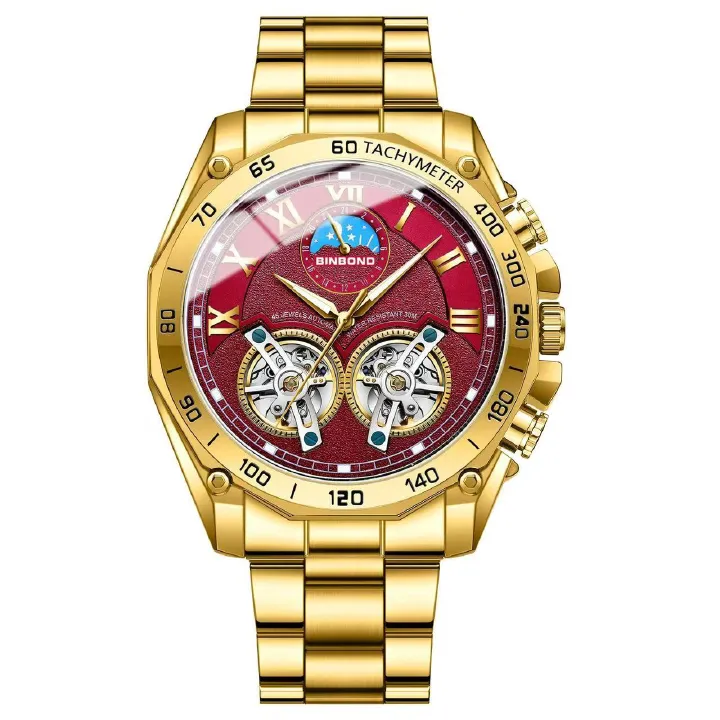 BINBOND 84833 Dual Tourbillon Men's Non-Automatic Mechanical Hollow-Out Watch Multi-Functional Fashionable Luminous Waterproof Wristwatch First-Class Quality And First-Class Service