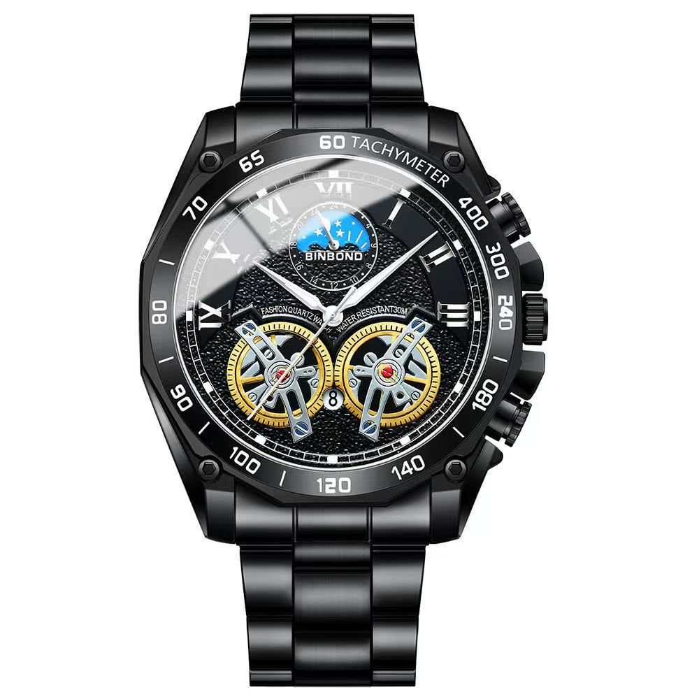 BINBOND 84833 Dual Tourbillon Men's Non-Automatic Mechanical Hollow-Out Watch Multi-Functional Fashionable Luminous Waterproof Wristwatch First-Class Quality And First-Class Service