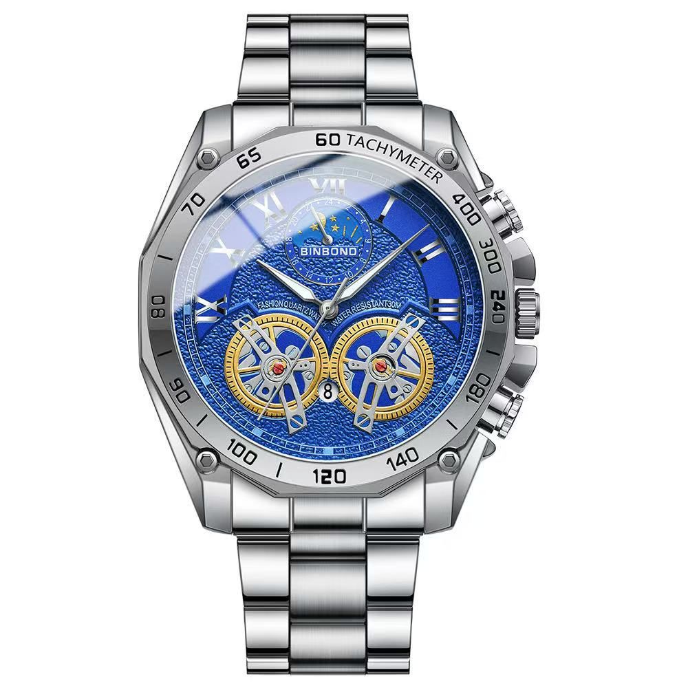 BINBOND 84833 Dual Tourbillon Men's Non-Automatic Mechanical Hollow-Out Watch Multi-Functional Fashionable Luminous Waterproof Wristwatch First-Class Quality And First-Class Service