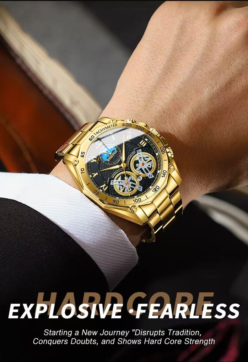 BINBOND 84833 Dual Tourbillon Men's Non-Automatic Mechanical Hollow-Out Watch Multi-Functional Fashionable Luminous Waterproof Wristwatch First-Class Quality And First-Class Service
