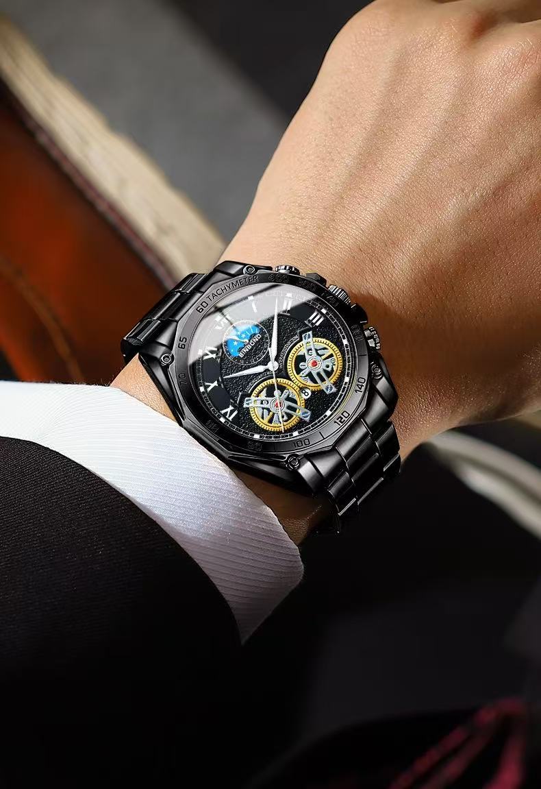 BINBOND 84833 Dual Tourbillon Men's Non-Automatic Mechanical Hollow-Out Watch Multi-Functional Fashionable Luminous Waterproof Wristwatch First-Class Quality And First-Class Service