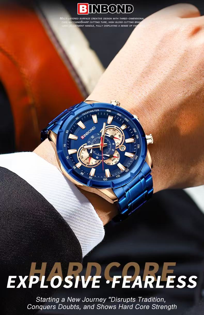 2 Pcs BINBOND B6395 European And American Trendy Brand Casual Men's Watch Tactical Men's Watch Motorcycle Waterproof Luminous Watch Chronograph Multi-Hand Watch