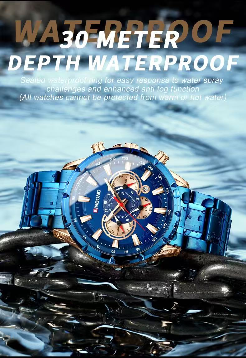 2 Pcs BINBOND B6395 European And American Trendy Brand Casual Men's Watch Tactical Men's Watch Motorcycle Waterproof Luminous Watch Chronograph Multi-Hand Watch