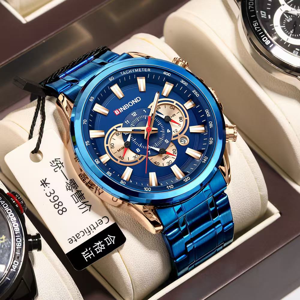 2 Pcs BINBOND B6395 European And American Trendy Brand Casual Men's Watch Tactical Men's Watch Motorcycle Waterproof Luminous Watch Chronograph Multi-Hand Watch