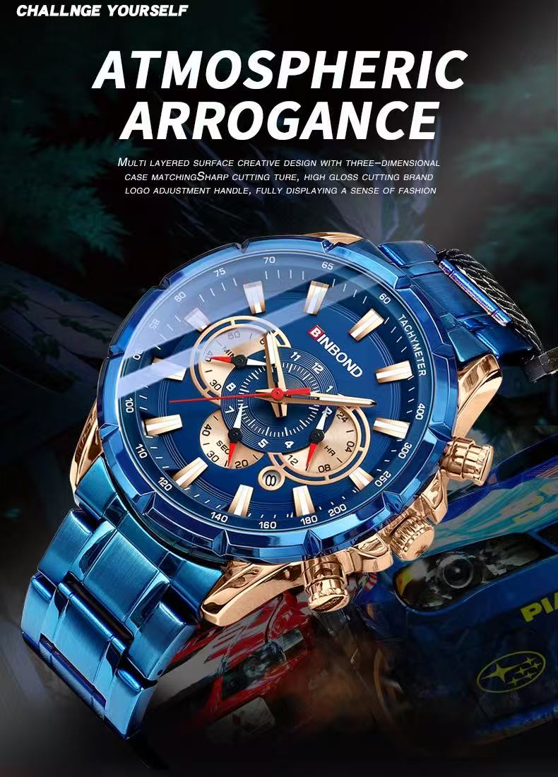 2 Pcs BINBOND B6395 European And American Trendy Brand Casual Men's Watch Tactical Men's Watch Motorcycle Waterproof Luminous Watch Chronograph Multi-Hand Watch