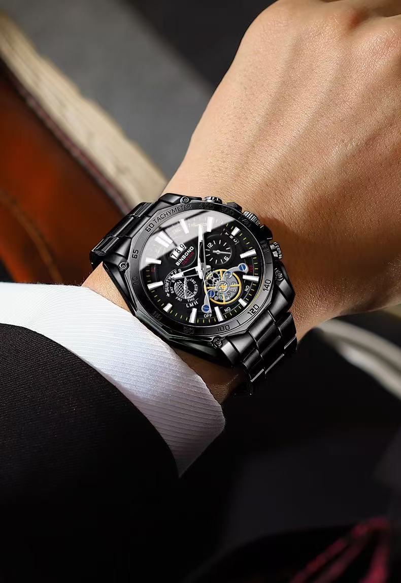 2 Pcs BINBOND B4750 Luminous Trendy Student Watch Men's Tourbillon Gift Steel Strap Three-Eye Six-Hand Decorative Watch