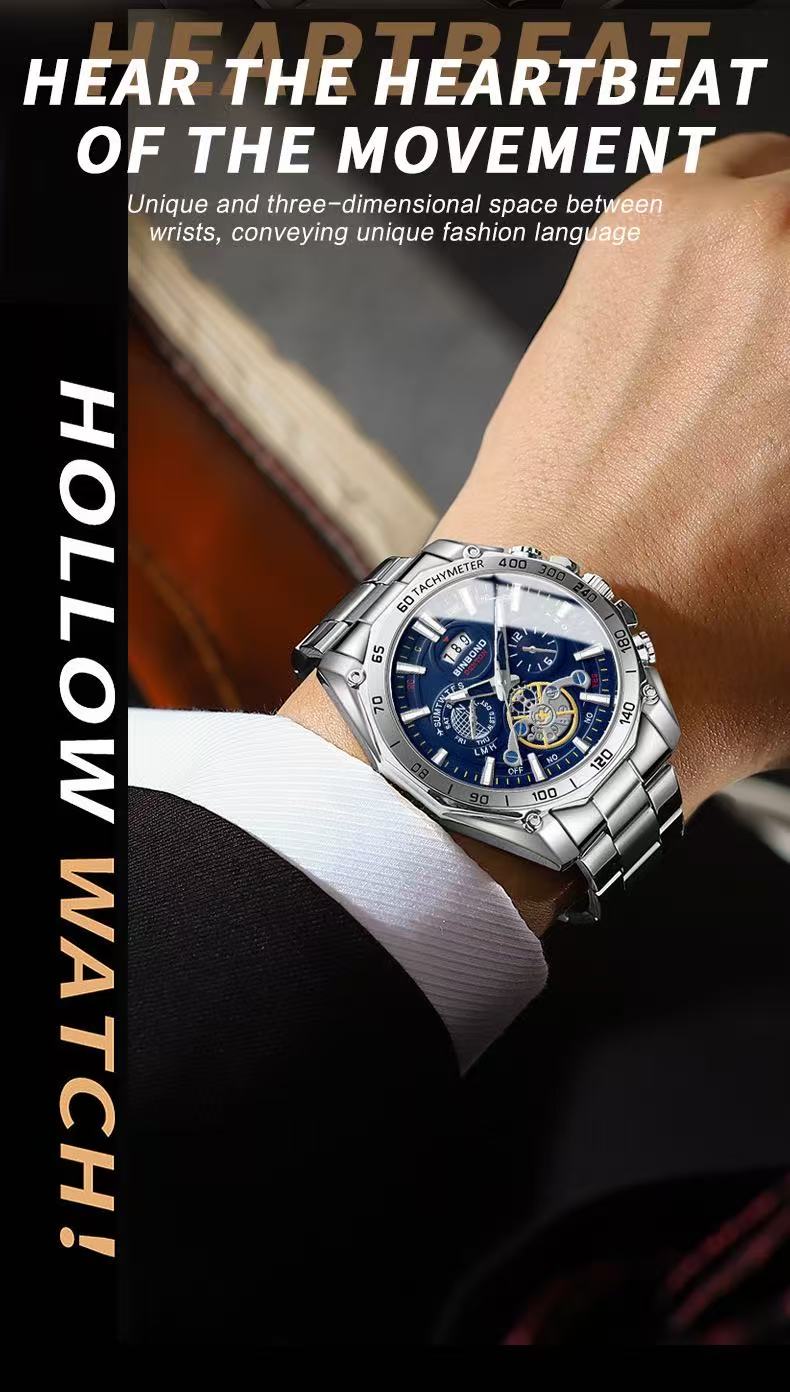 2 Pcs BINBOND B4750 Luminous Trendy Student Watch Men's Tourbillon Gift Steel Strap Three-Eye Six-Hand Decorative Watch