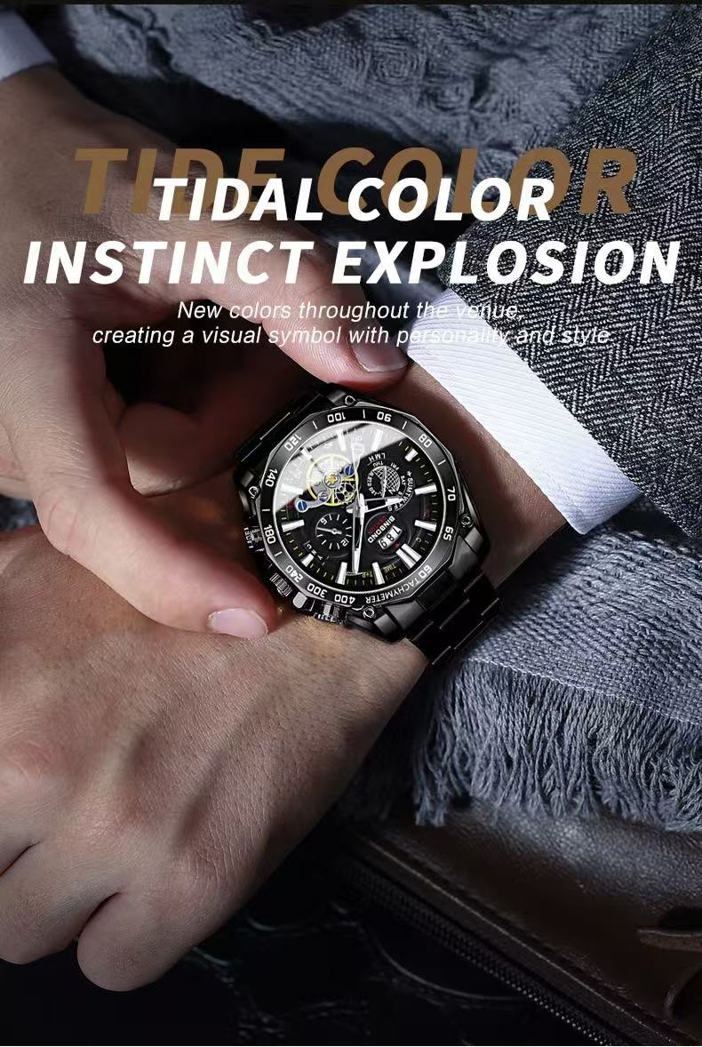 2 Pcs BINBOND B4750 Luminous Trendy Student Watch Men's Tourbillon Gift Steel Strap Three-Eye Six-Hand Decorative Watch