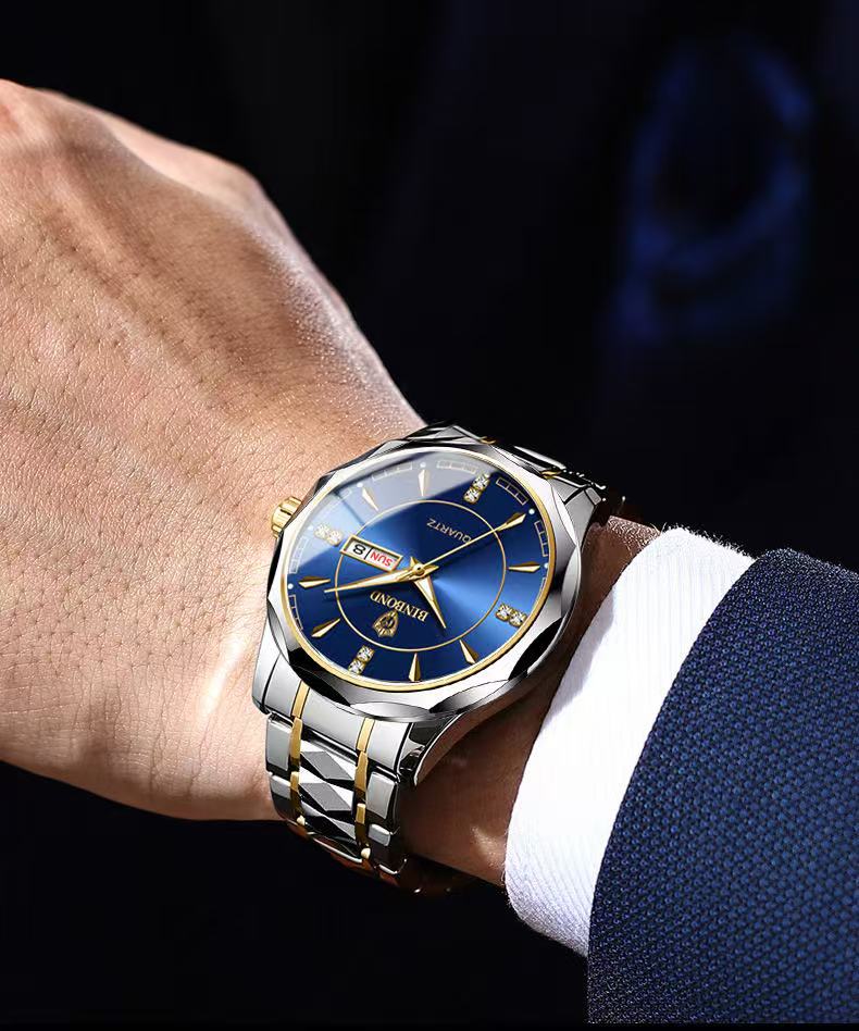 2 Pcs Binbang B5552 New Trendy Men's Watch Male Waterproof Tungsten Steel Calendar Quartz Wristwatch Douyin Bestseller
