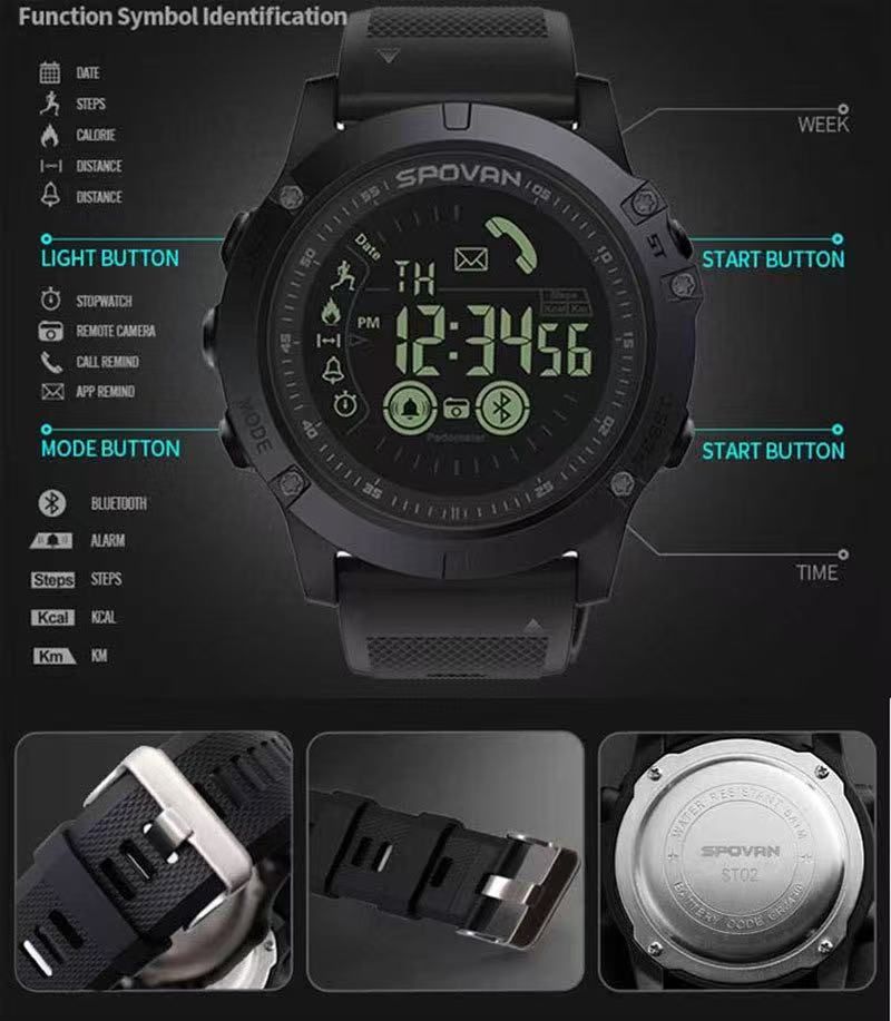 Spovan Bluetooth Smart Watch Sports Reminder Step Counter Waterproof Outdoor Leisure Watch Multi-Functional PR1-2