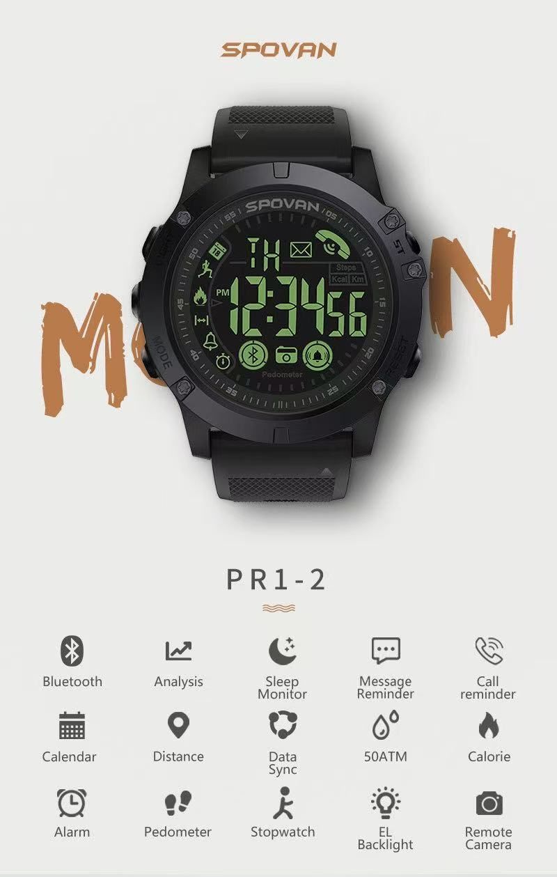 Spovan Bluetooth Smart Watch Sports Reminder Step Counter Waterproof Outdoor Leisure Watch Multi-Functional PR1-2