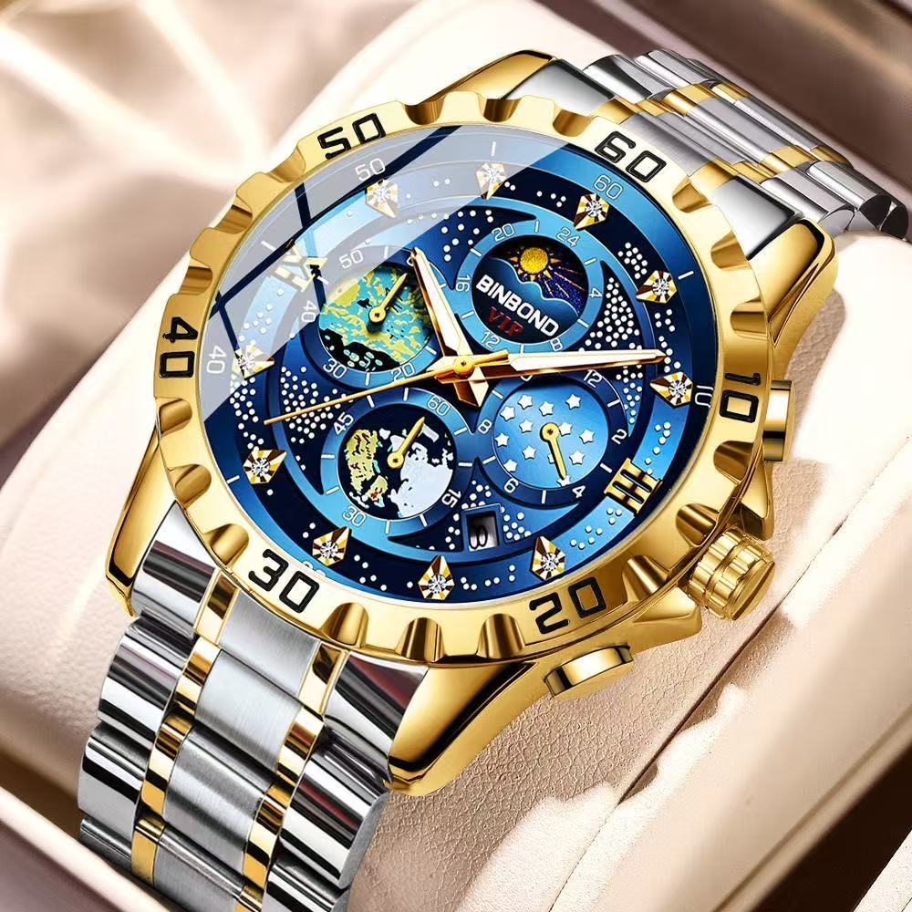 2 Pcs BINBOND B3225 Men's Starry Sky Van Gogh Quartz Watch Fashion Business Wristwatch Waterproof Small Seconds Watch Men's New Style