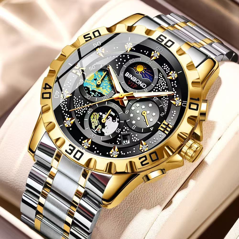 2 Pcs BINBOND B3225 Men's Starry Sky Van Gogh Quartz Watch Fashion Business Wristwatch Waterproof Small Seconds Watch Men's New Style