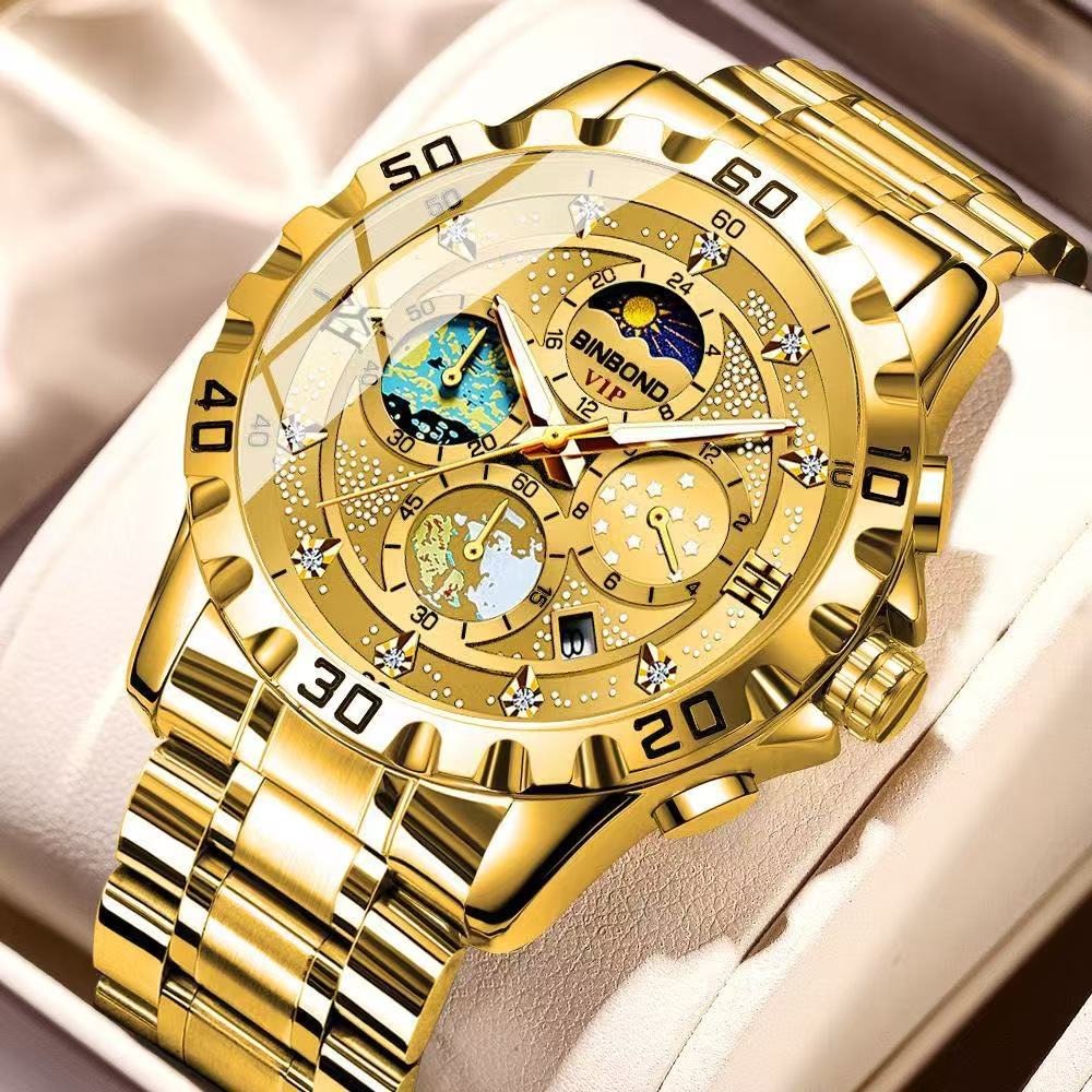 2 Pcs BINBOND B3225 Men's Starry Sky Van Gogh Quartz Watch Fashion Business Wristwatch Waterproof Small Seconds Watch Men's New Style