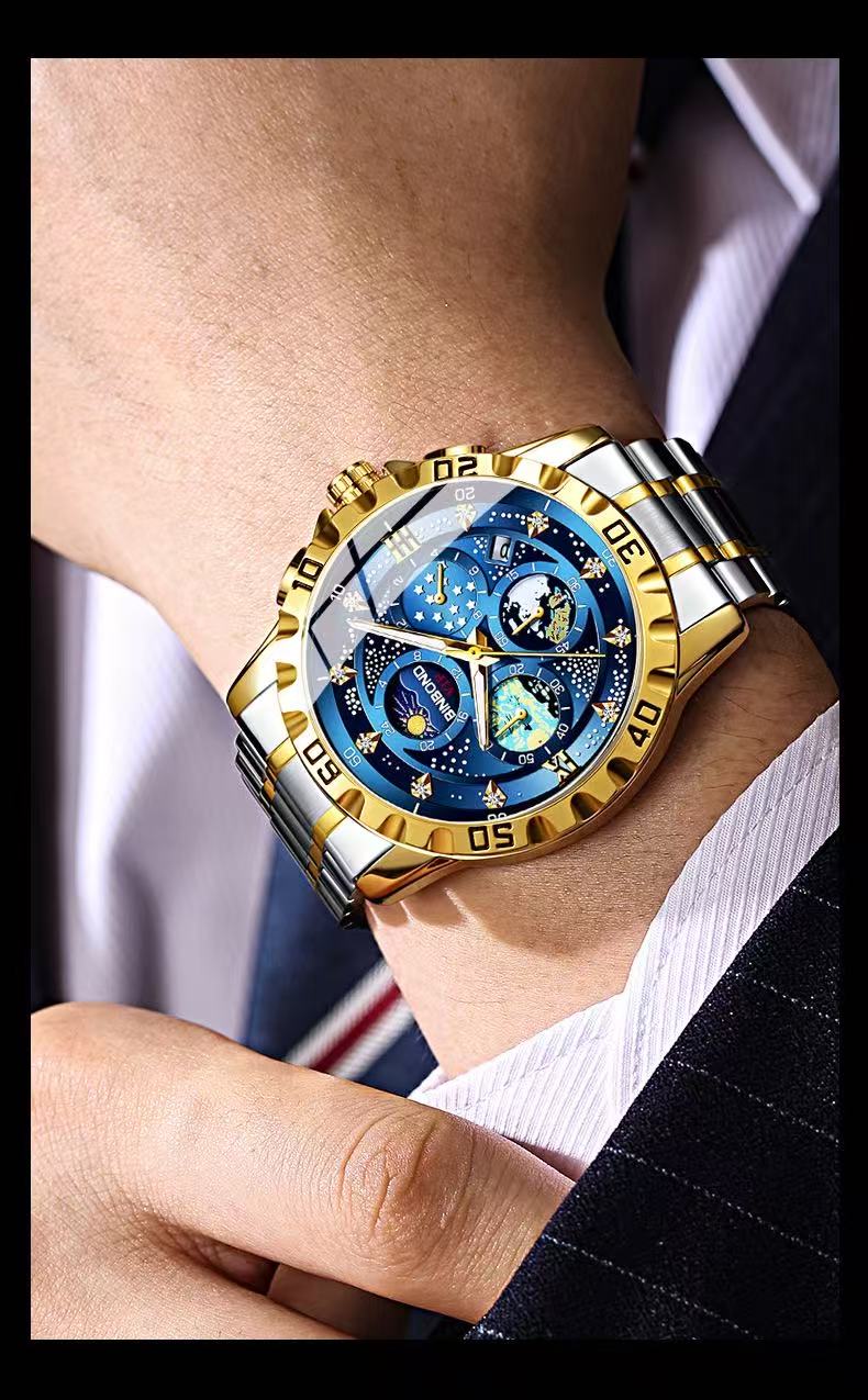 2 Pcs BINBOND B3225 Men's Starry Sky Van Gogh Quartz Watch Fashion Business Wristwatch Waterproof Small Seconds Watch Men's New Style