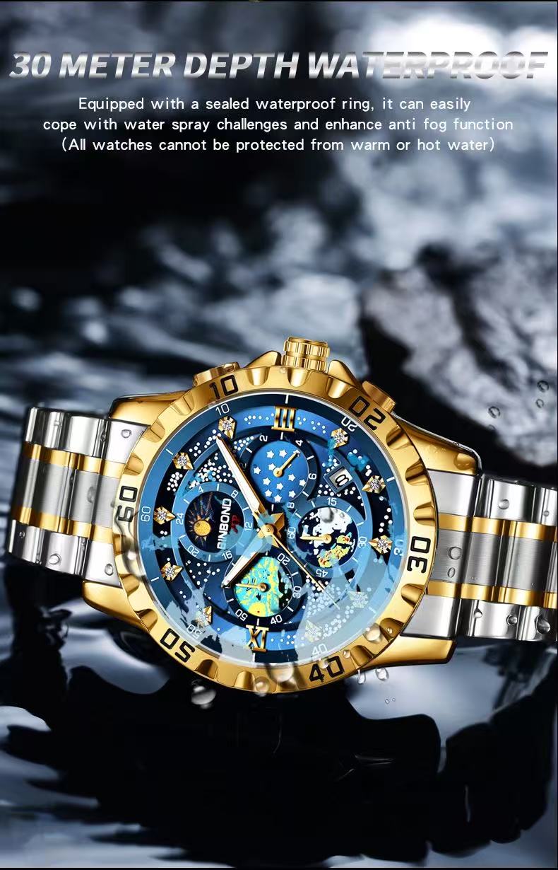 2 Pcs BINBOND B3225 Men's Starry Sky Van Gogh Quartz Watch Fashion Business Wristwatch Waterproof Small Seconds Watch Men's New Style