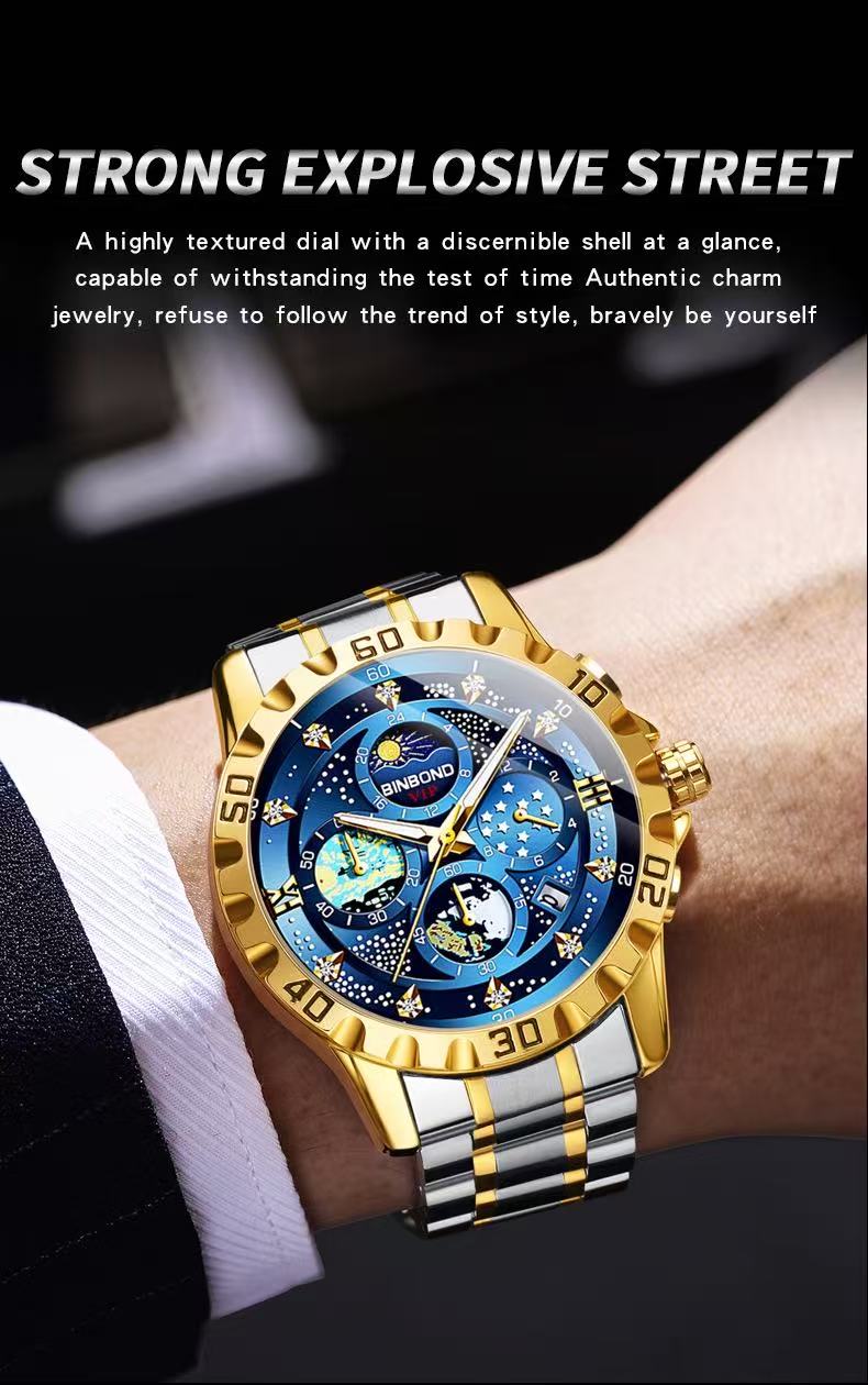 2 Pcs BINBOND B3225 Men's Starry Sky Van Gogh Quartz Watch Fashion Business Wristwatch Waterproof Small Seconds Watch Men's New Style