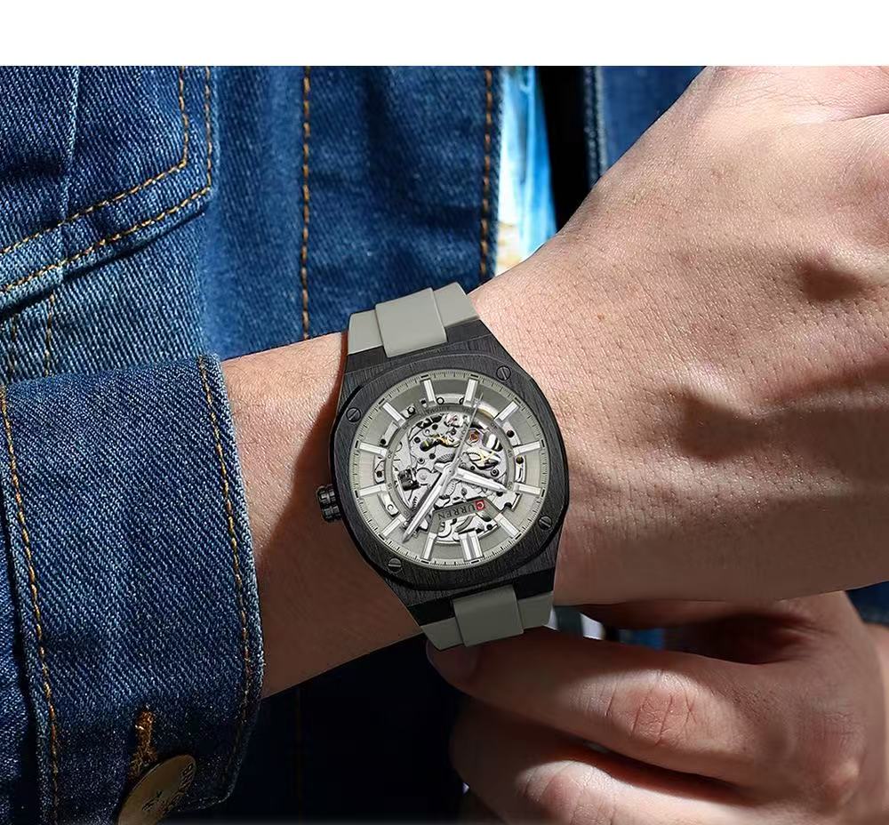 2025 July New Product, CURREN/Ka Rui En 8485 Simple Round Hollow Mechanical Watch Semi-Automatic Tape Men's Wristwatch Couple Watch
