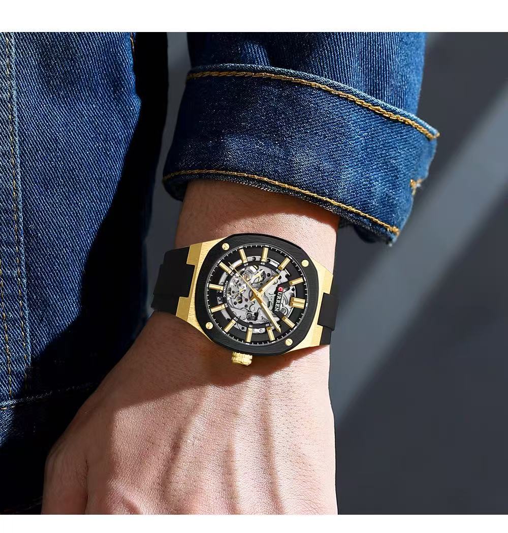 2025 July New Product, CURREN/Ka Rui En 8485 Simple Round Hollow Mechanical Watch Semi-Automatic Tape Men's Wristwatch Couple Watch
