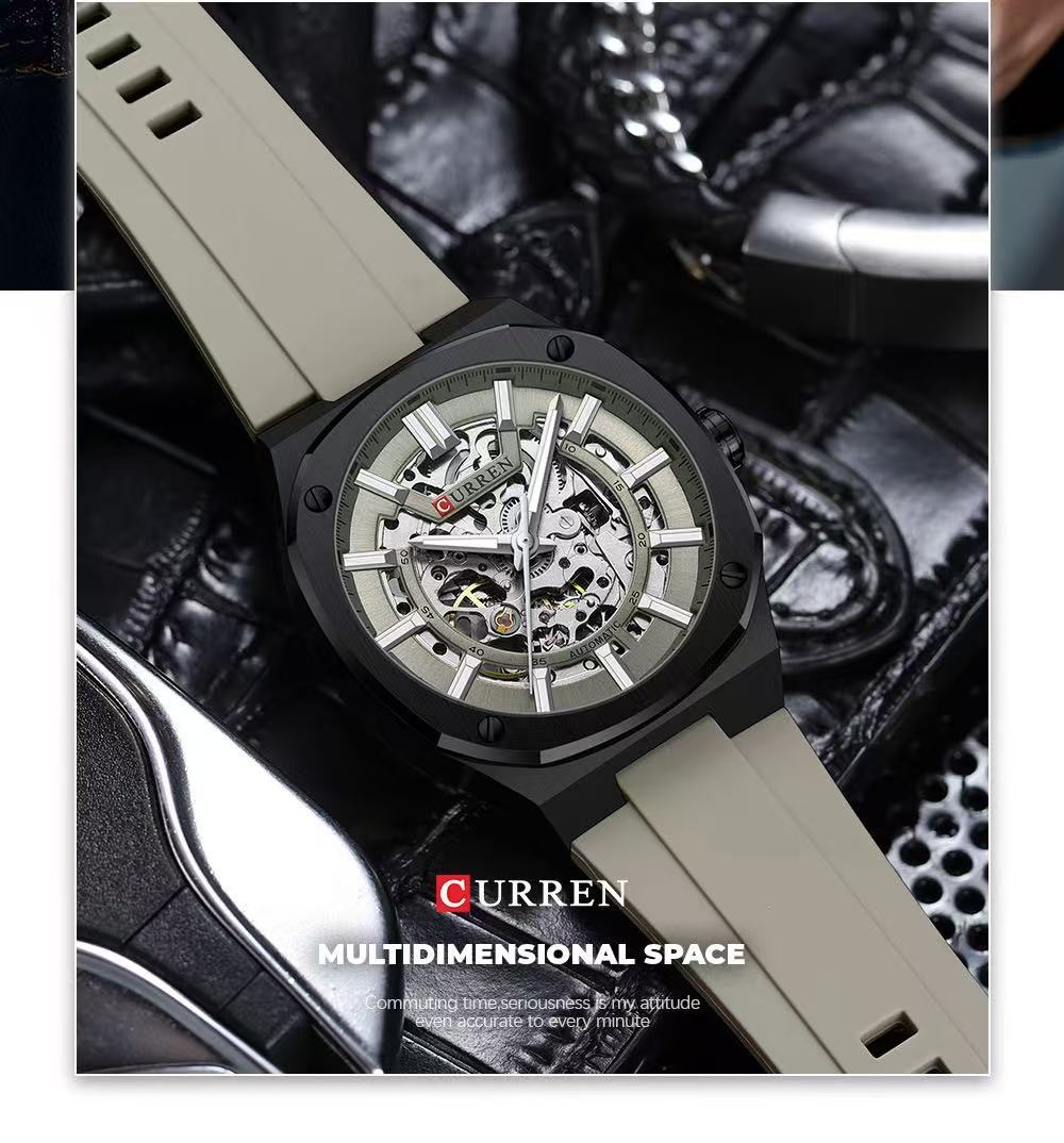 2025 July New Product, CURREN/Ka Rui En 8485 Simple Round Hollow Mechanical Watch Semi-Automatic Tape Men's Wristwatch Couple Watch