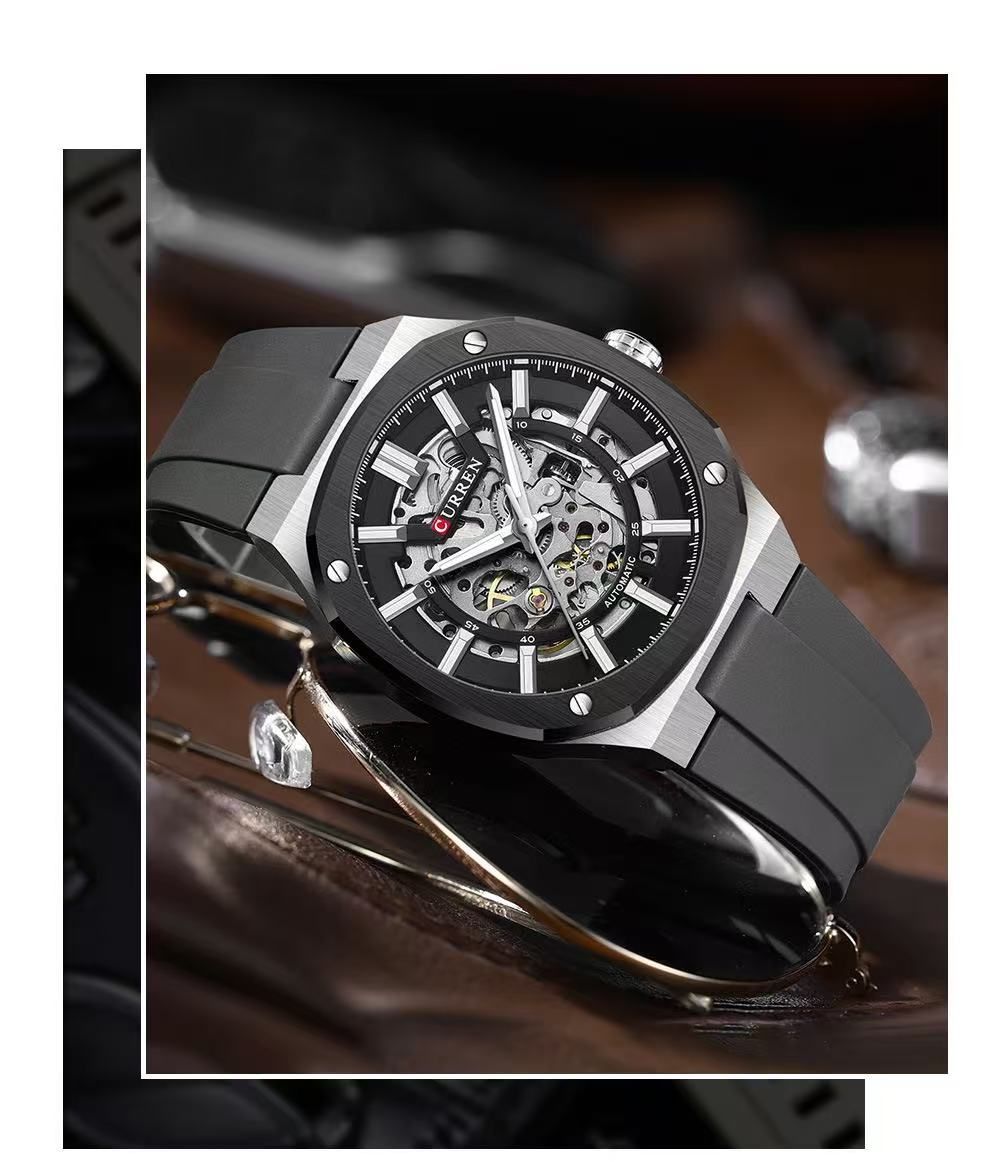 2025 July New Product, CURREN/Ka Rui En 8485 Simple Round Hollow Mechanical Watch Semi-Automatic Tape Men's Wristwatch Couple Watch