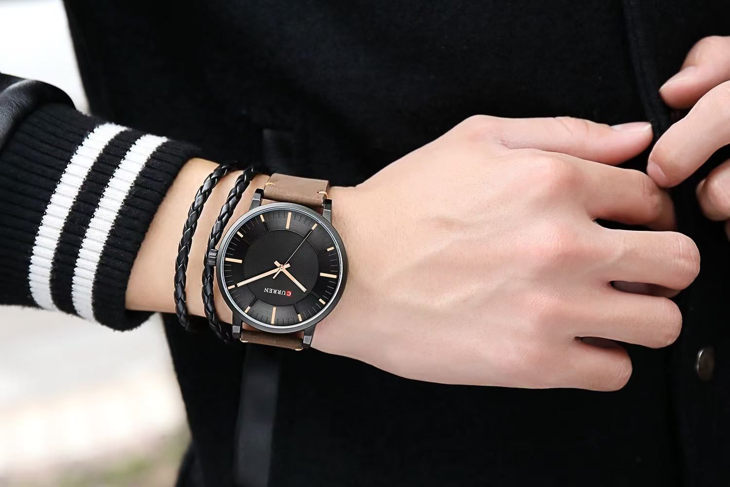 CURREN/KARIN 8332 Large Dial Unisex Waterproof Watch Simple Quartz Leather Strap Watch Couple Watch