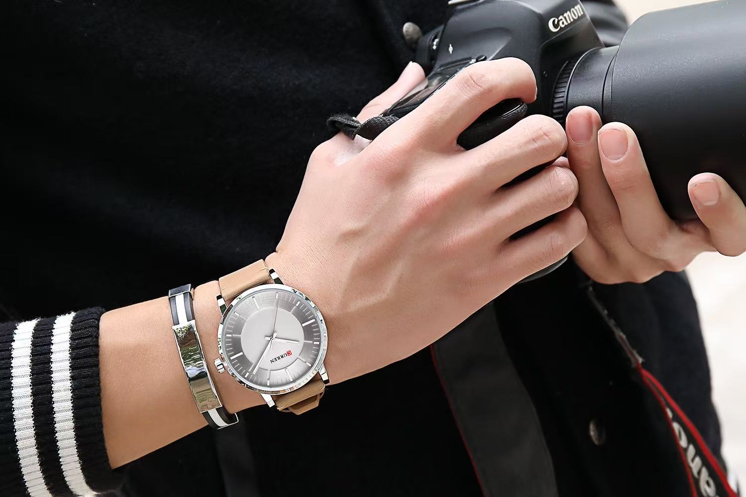 CURREN/KARIN 8332 Large Dial Unisex Waterproof Watch Simple Quartz Leather Strap Watch Couple Watch