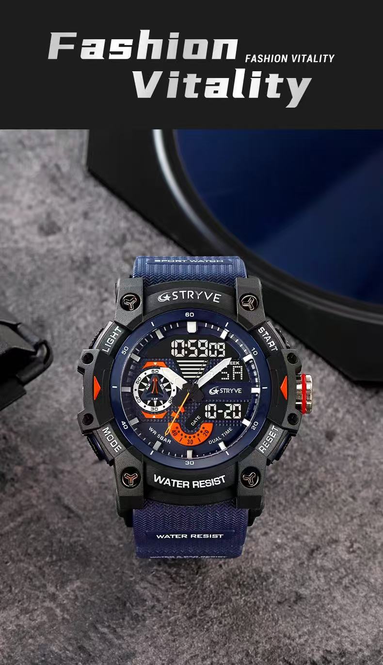 STRYVE S8029  Men's Fashion Element Waterproof Sports Watch Dual Display Luminous Electronic Multi-Functional Student