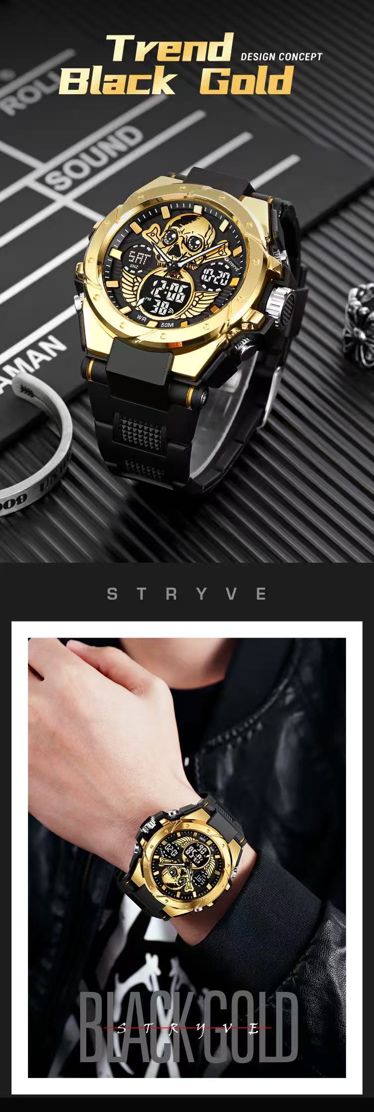 STRYVE  S8008 E - Commerce Men's Sports Watch Skull Luminous Electronic Waterproof Watch Multi - Functional Watch