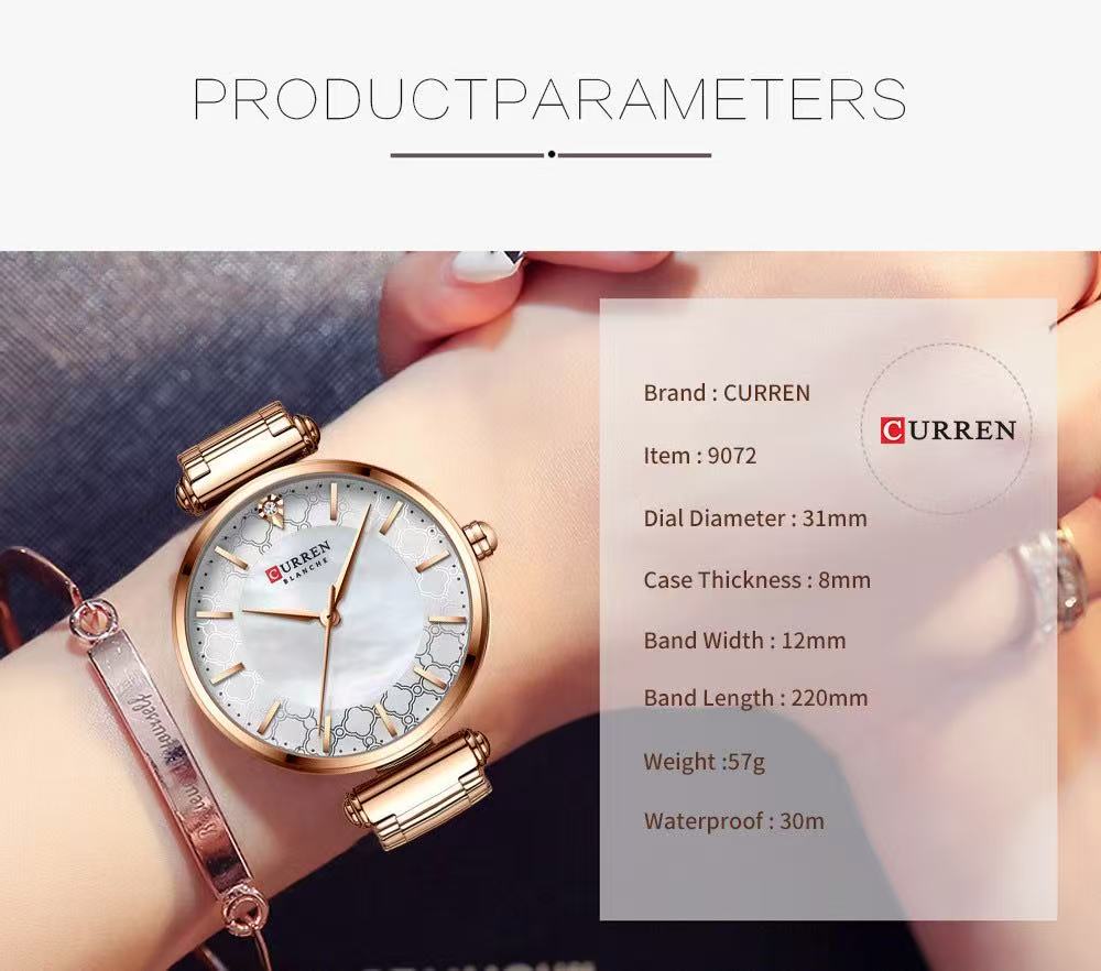 CURREN/KAREIN 9072 Women's Small Dial Water-Resistant Watch, Minimalist Shell - Faced Business Wristwatch