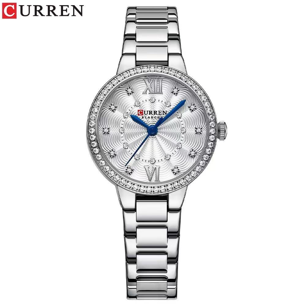 CURREN/Ka Rui En 9085 Women's Small Dial Roman Numeral Watch Water-Resistant Rhinestone Ultra-Thin Women's Watch Stainless Steel Strap Watch