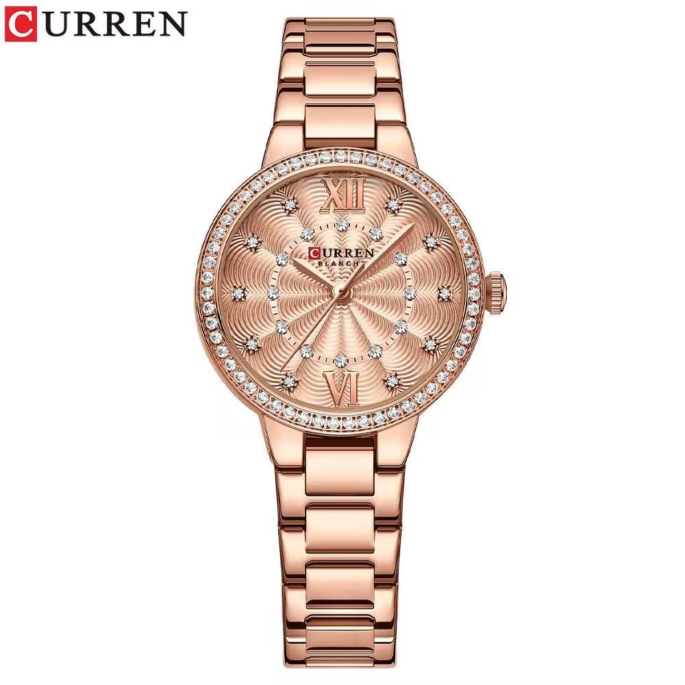 CURREN/Ka Rui En 9085 Women's Small Dial Roman Numeral Watch Water-Resistant Rhinestone Ultra-Thin Women's Watch Stainless Steel Strap Watch