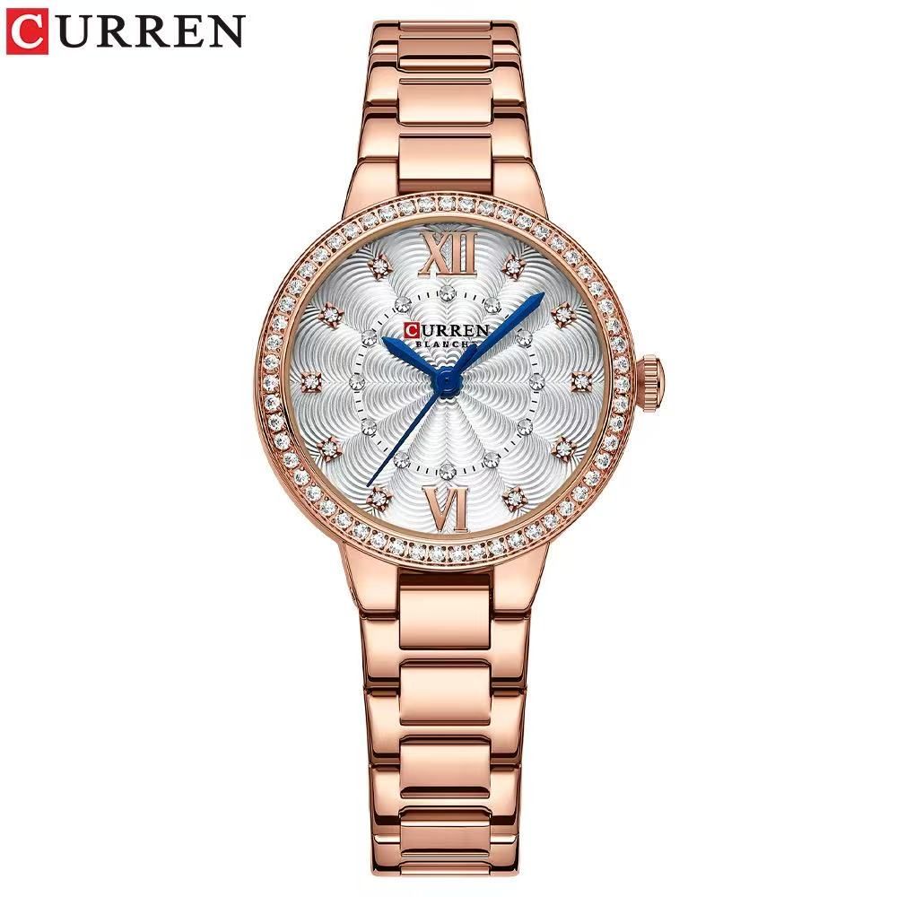 CURREN/Ka Rui En 9085 Women's Small Dial Roman Numeral Watch Water-Resistant Rhinestone Ultra-Thin Women's Watch Stainless Steel Strap Watch