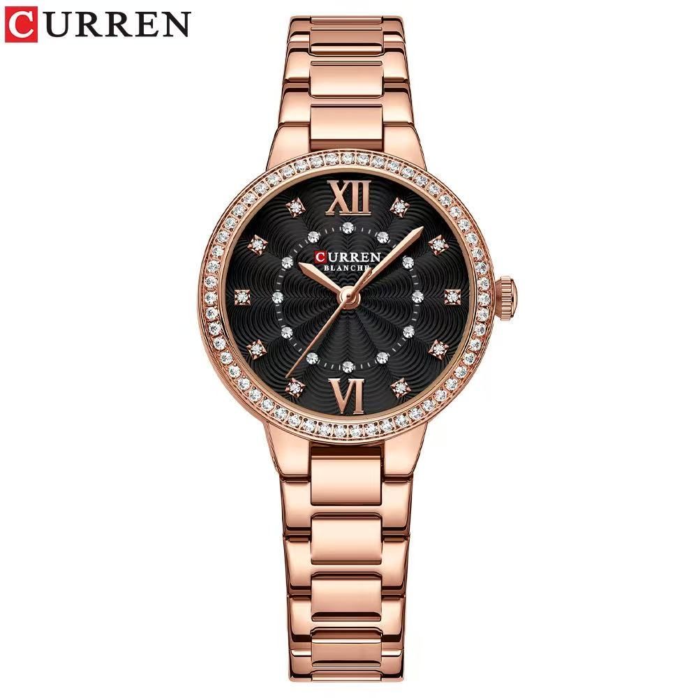 CURREN/Ka Rui En 9085 Women's Small Dial Roman Numeral Watch Water-Resistant Rhinestone Ultra-Thin Women's Watch Stainless Steel Strap Watch