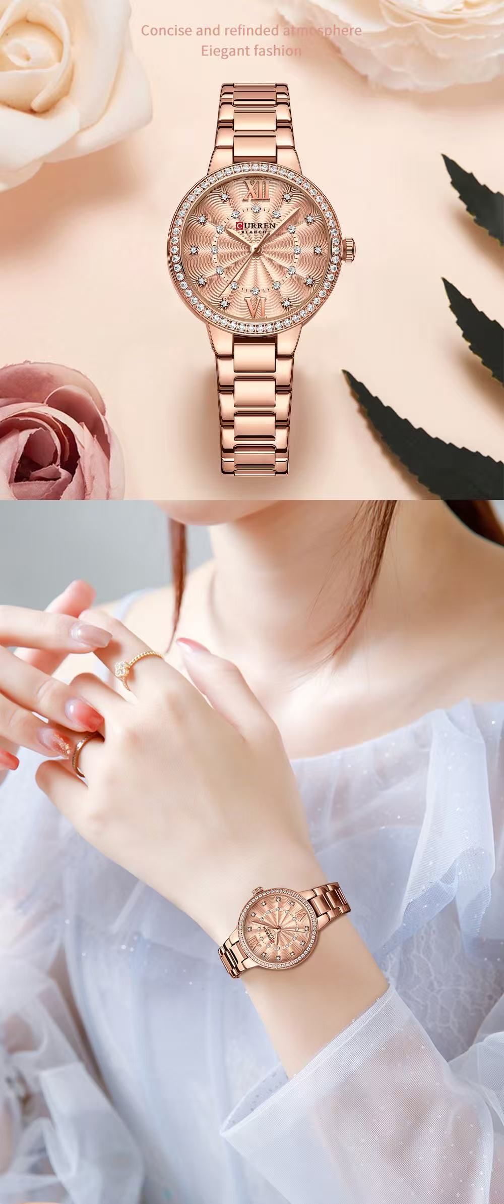 CURREN/Ka Rui En 9085 Women's Small Dial Roman Numeral Watch Water-Resistant Rhinestone Ultra-Thin Women's Watch Stainless Steel Strap Watch