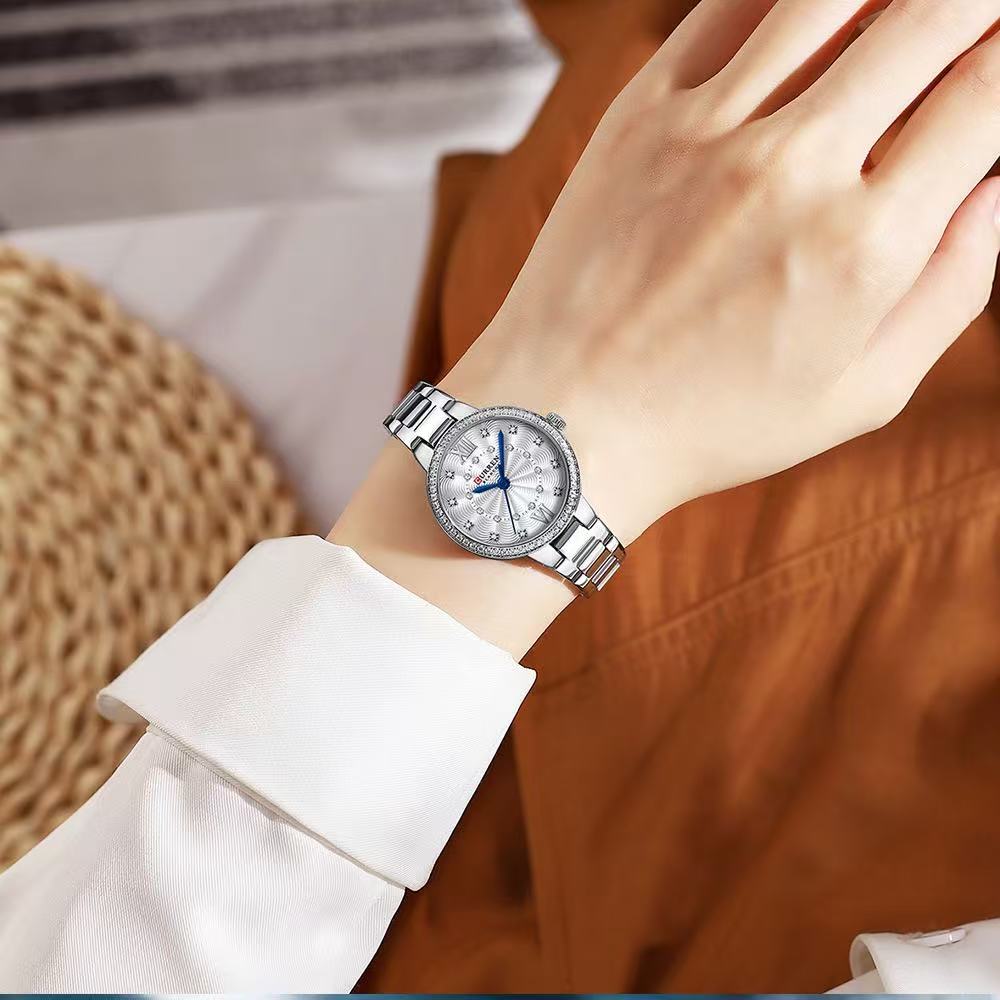 CURREN/Ka Rui En 9085 Women's Small Dial Roman Numeral Watch Water-Resistant Rhinestone Ultra-Thin Women's Watch Stainless Steel Strap Watch