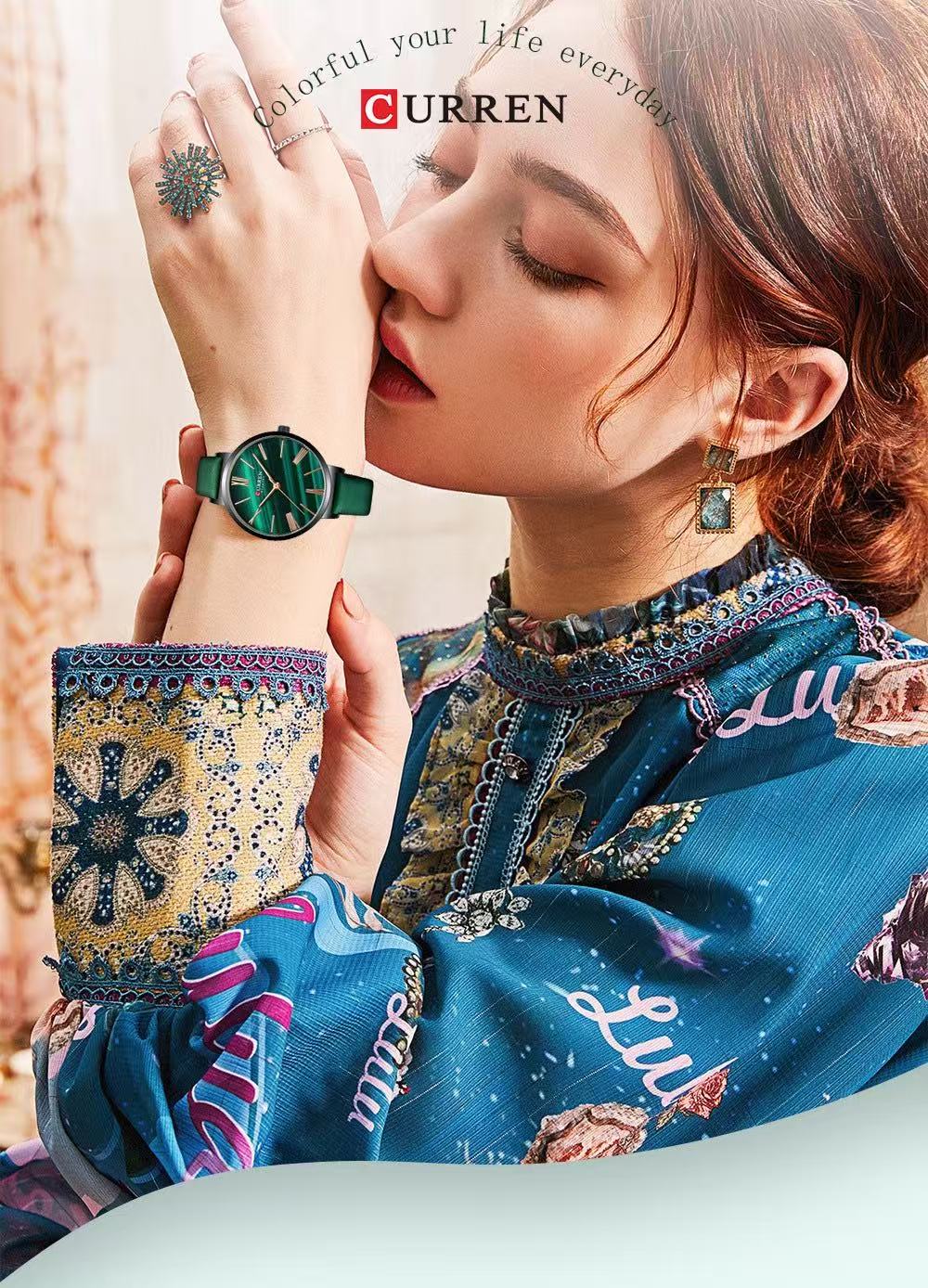 CURREN Model 9076 Ladies' Small Dial Leather Strap Watch Ultra-Thin Waterproof Watch Round Analog Watch