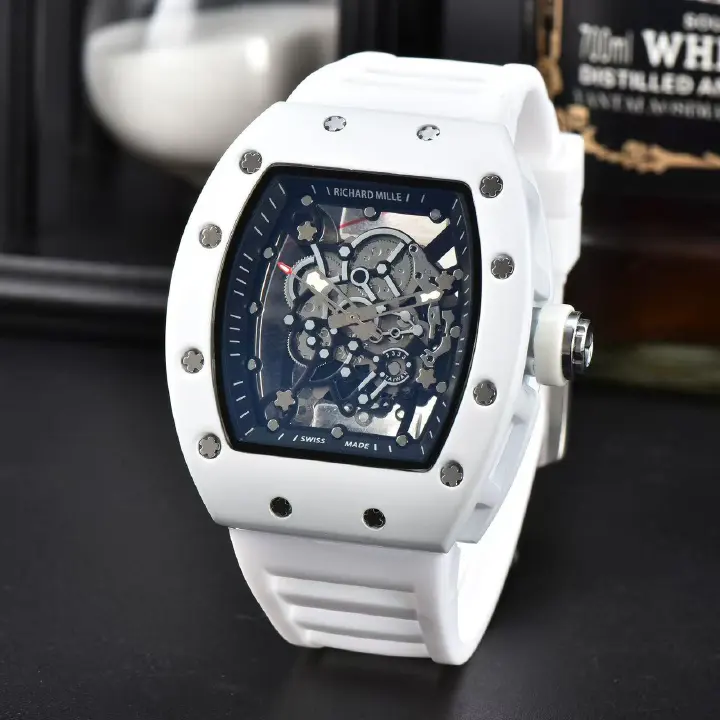 Richard Sport White Ice Same Style Skeleton Handfeel Oil Barrel-Shaped Couple Quartz Watch (Men's Style), Adopting Coated Glass