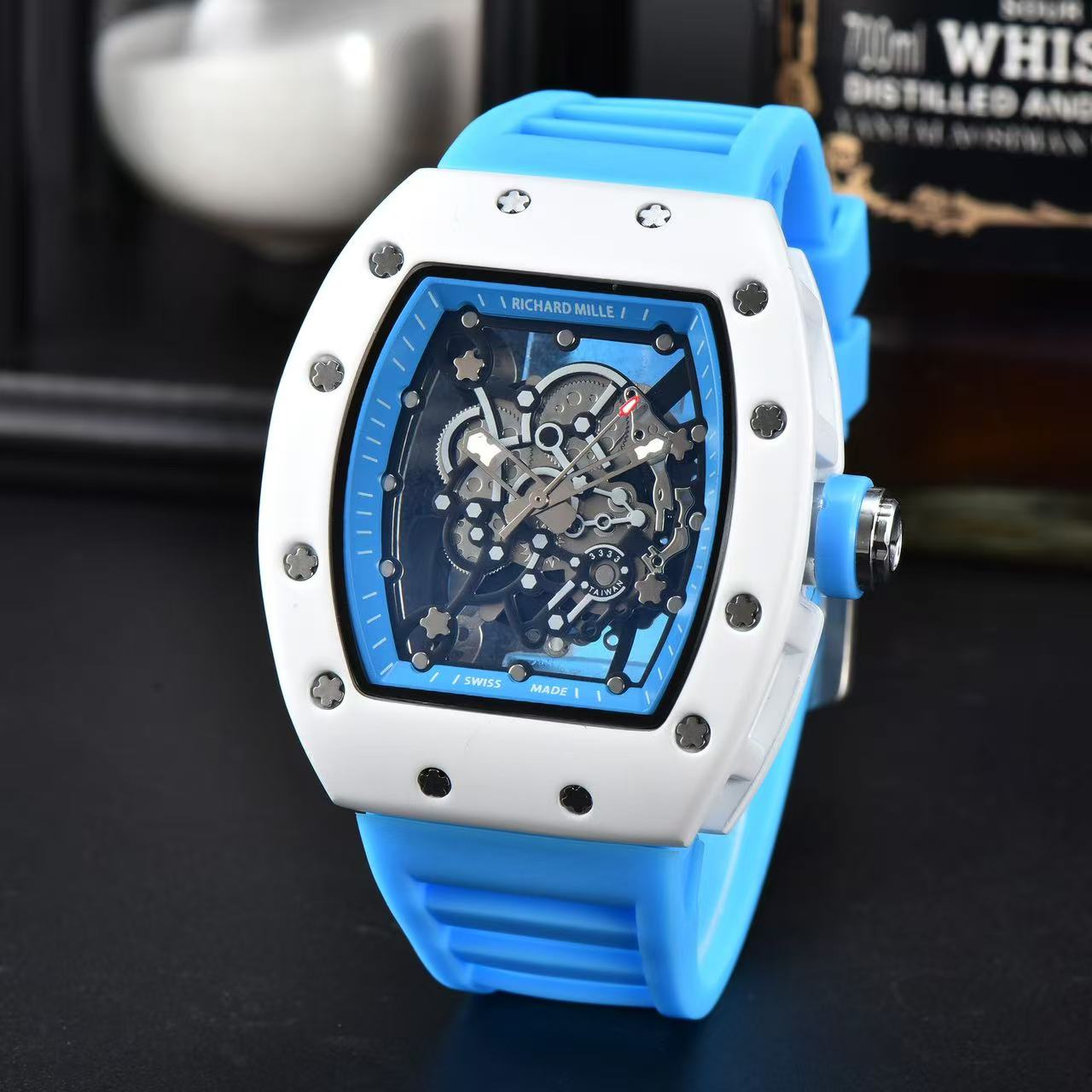 Richard Sport White Ice Same Style Skeleton Handfeel Oil Barrel-Shaped Couple Quartz Watch (Men's Style), Adopting Coated Glass