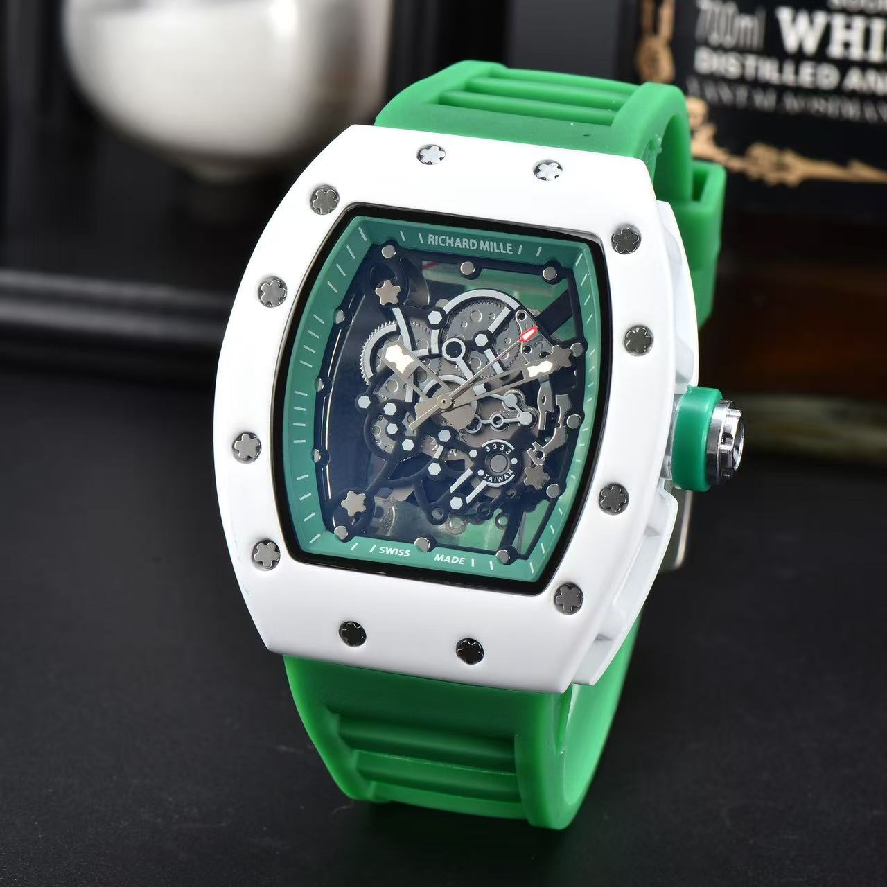 Richard Sport White Ice Same Style Skeleton Handfeel Oil Barrel-Shaped Couple Quartz Watch (Men's Style), Adopting Coated Glass