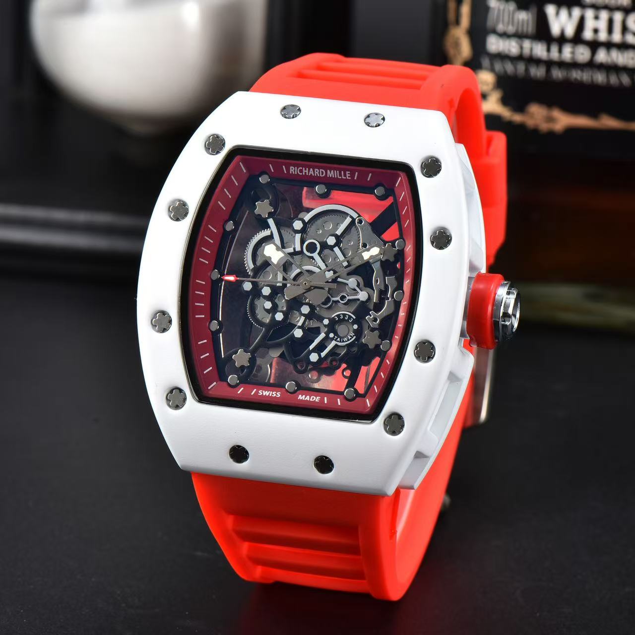 Richard Sport White Ice Same Style Skeleton Handfeel Oil Barrel-Shaped Couple Quartz Watch (Men's Style), Adopting Coated Glass