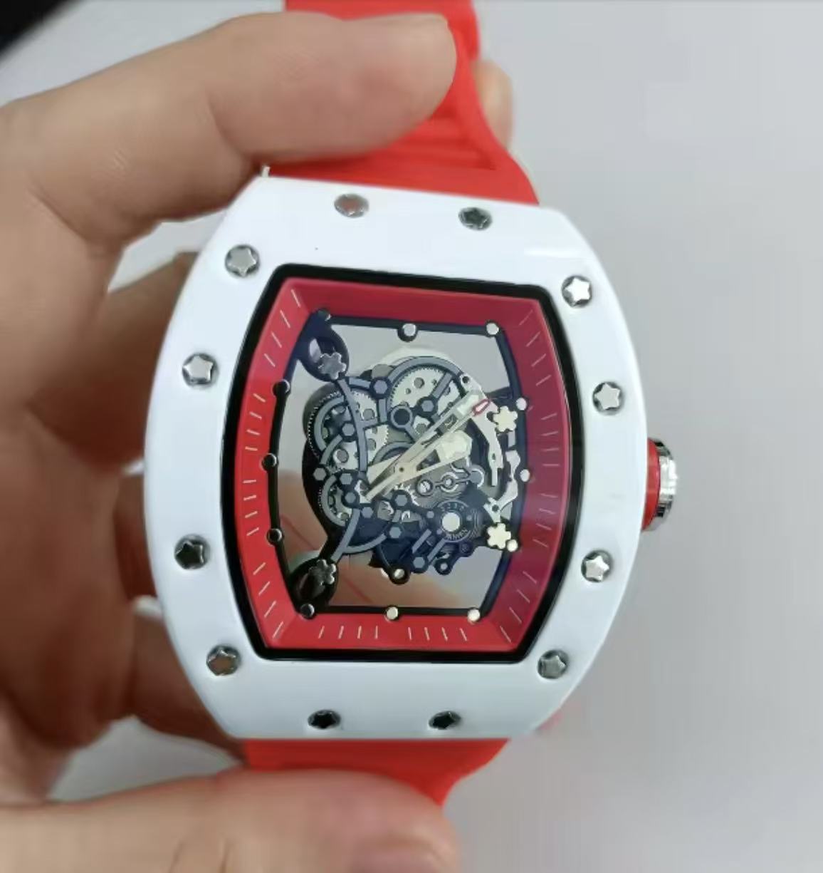 Richard Sport White Ice Same Style Skeleton Handfeel Oil Barrel-Shaped Couple Quartz Watch (Men's Style), Adopting Coated Glass