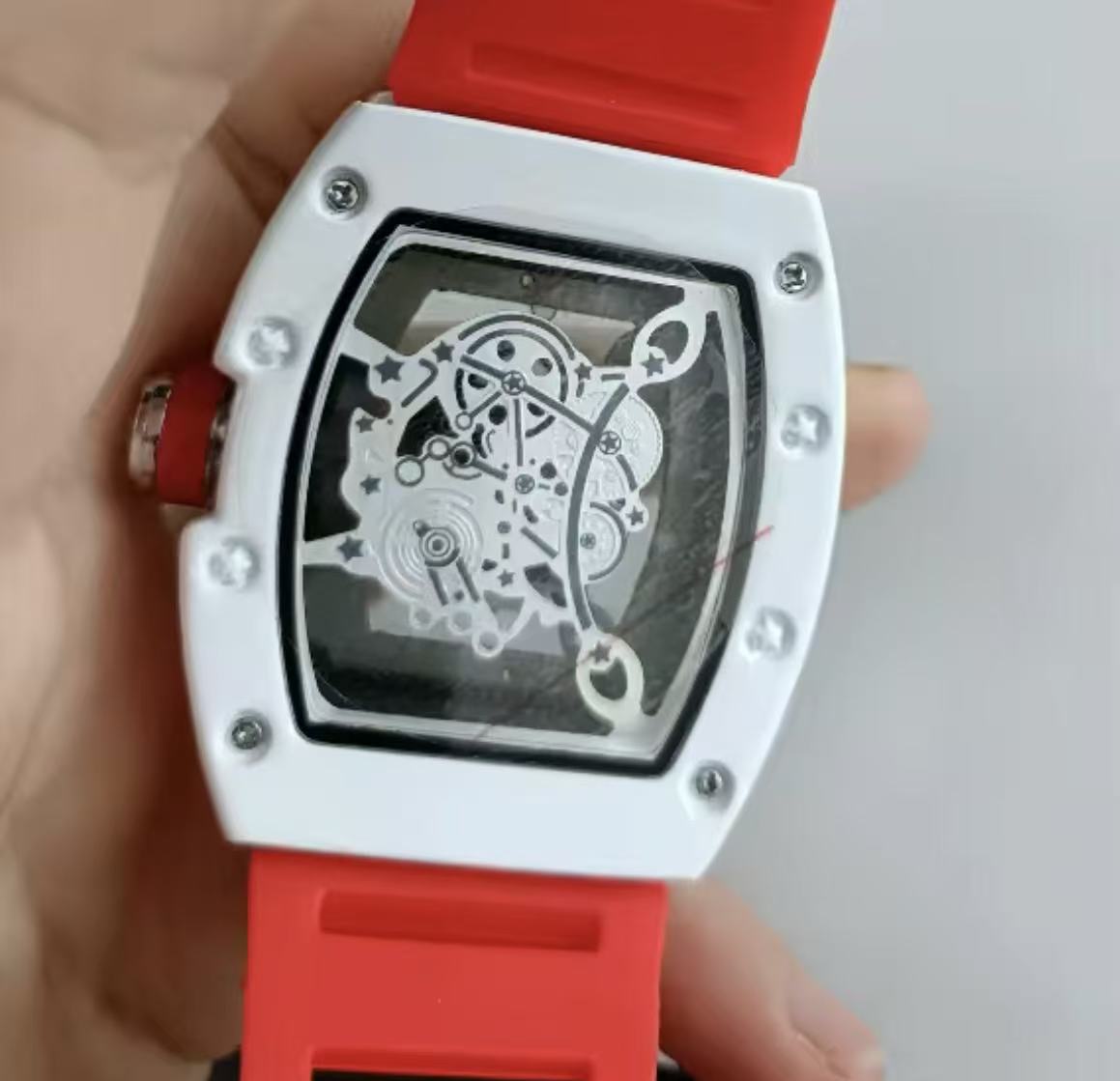 Richard Sport White Ice Same Style Skeleton Handfeel Oil Barrel-Shaped Couple Quartz Watch (Men's Style), Adopting Coated Glass