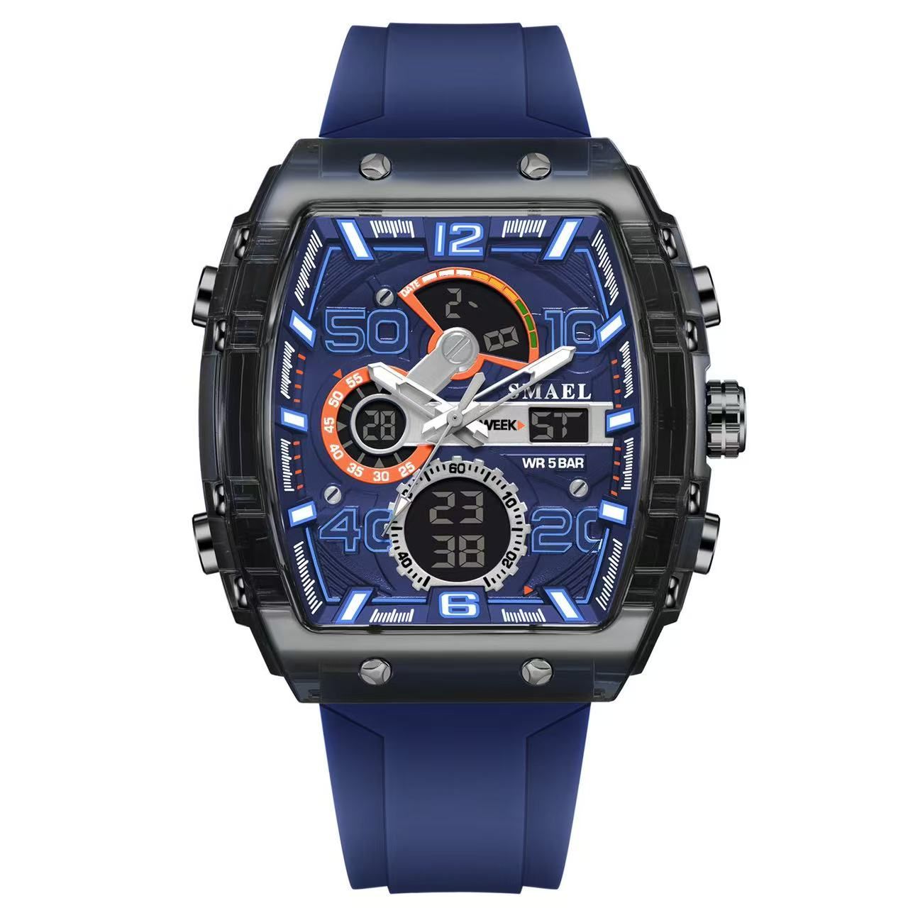 Smael 8109 Barrel-Shaped Multifunctional Sports & Leisure Electronic Watch, Waterproof, Dual Display, LED Luminous, Alarm Clock, Men's Watch