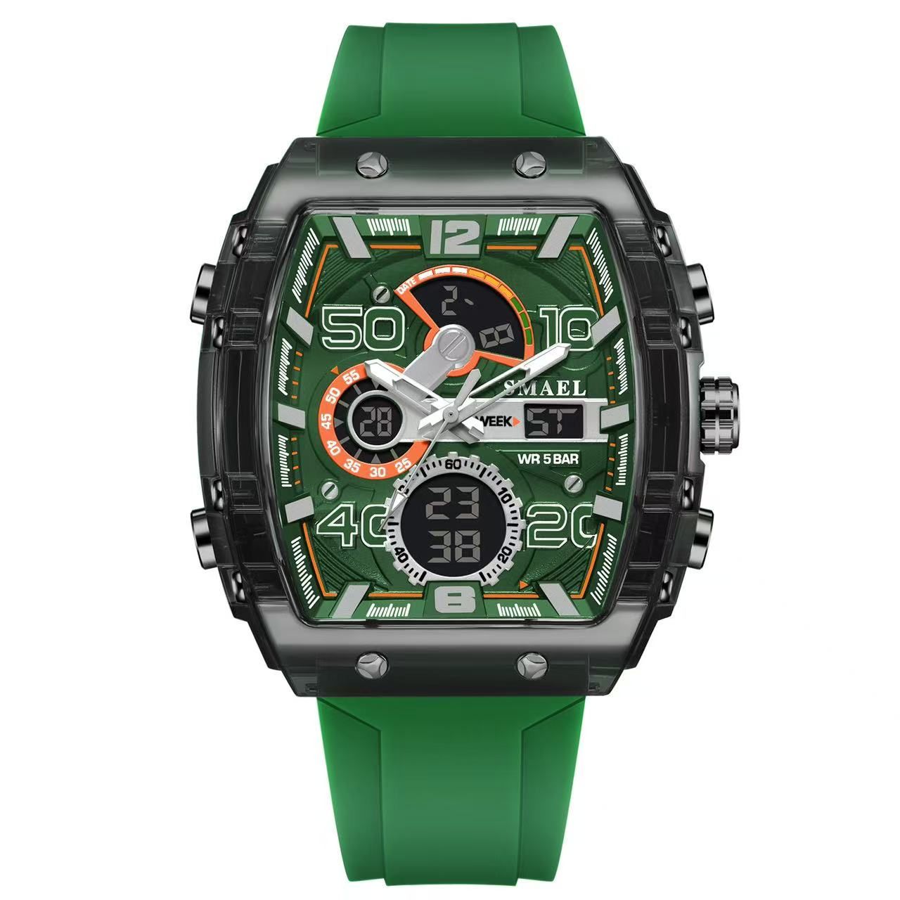 Smael 8109 Barrel-Shaped Multifunctional Sports & Leisure Electronic Watch, Waterproof, Dual Display, LED Luminous, Alarm Clock, Men's Watch